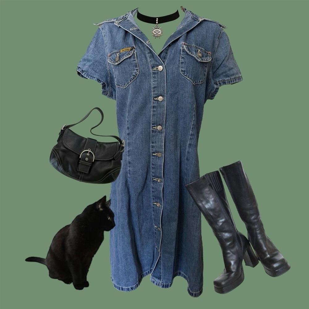 Vintage 90s denim jean dress 1990s lua